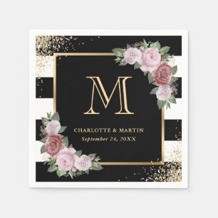 Black White Gold Floral Monogram Wedding Napkins