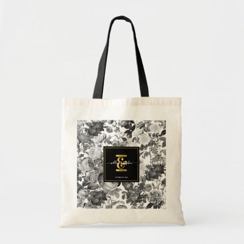 Black White Gold Floral Monogram Wedding Tote Bag