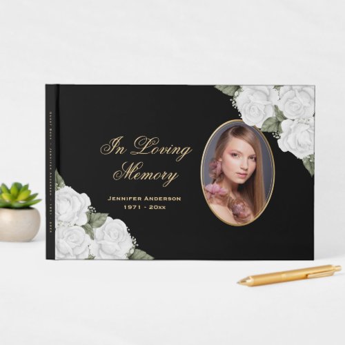 Black White Gold Floral Photo Memorial Funeral Guest Book