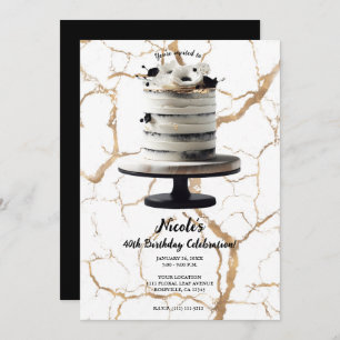 Black & White Gold Floral Tier Cake Birthday Party Invitation