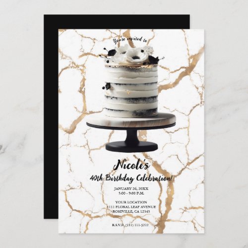 Black  White Gold Floral Tier Cake Birthday Party Invitation
