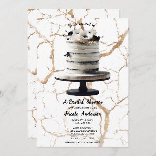 Black  White Gold Floral Tier Cake Bridal Shower  Invitation