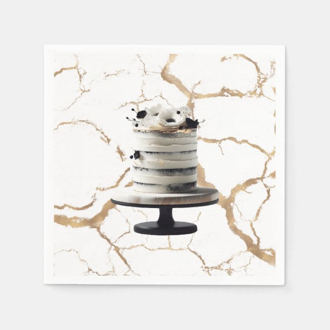 Black & White Gold Floral Tier Cake Bridal Shower  Napkins (Front)