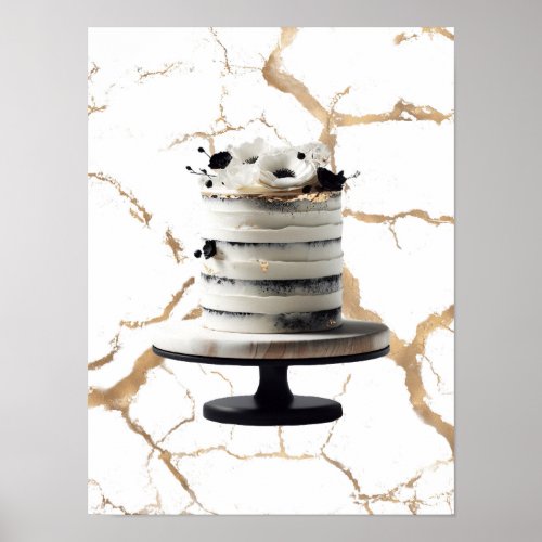 Black  White Gold Floral Tier Cake Bridal Shower  Poster