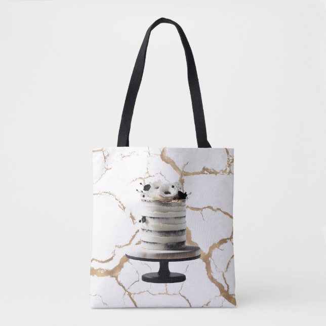 Black & White Gold Floral Tier Cake Bridal Shower  Tote Bag (Front)
