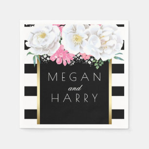 Black White Gold Floral Vintage Wedding Paper Napkins