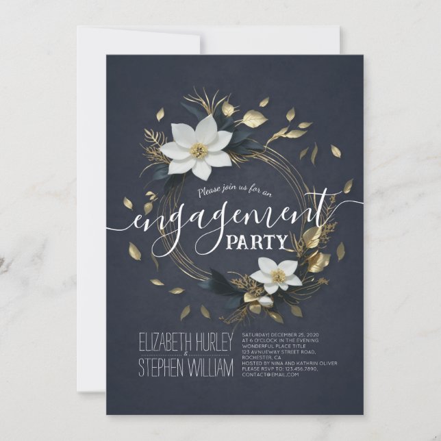 Black White & Gold Floral Wedding Engagement Party Invitation (Front)