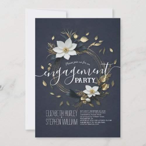 Black White  Gold Floral Wedding Engagement Party Invitation