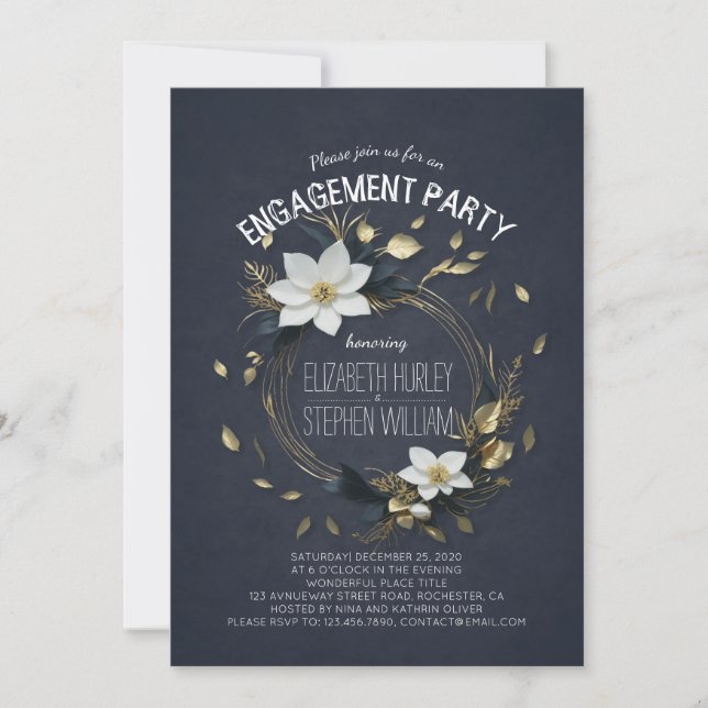 Black White & Gold Floral Wedding Engagement Party Invitation (Front)