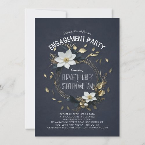 Black White  Gold Floral Wedding Engagement Party Invitation