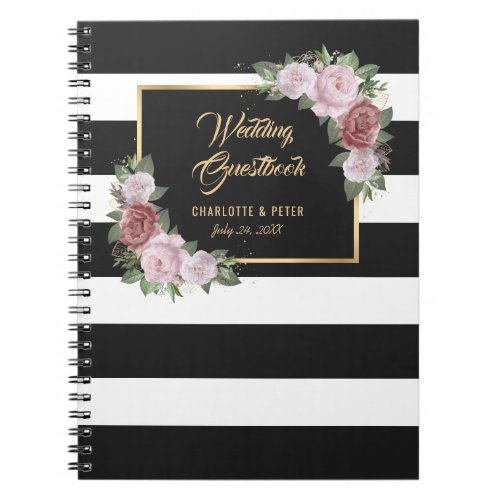 Black White Gold Floral Wedding Guestbook Notebook