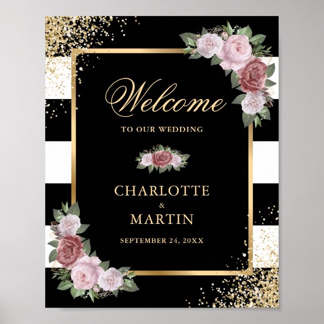 Black White Gold Floral Wedding Reception Sign (Front)