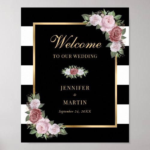 Black White Gold Floral Wedding Welcome Sign