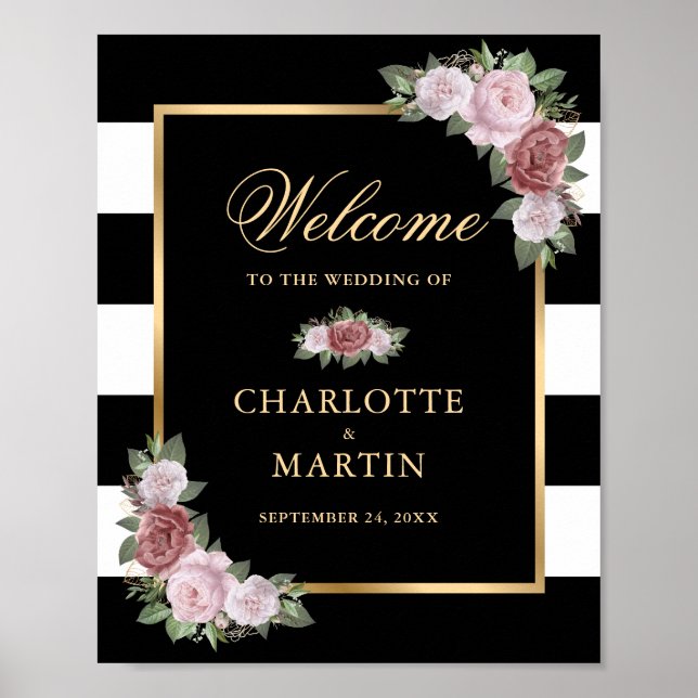 Black White Gold Floral Wedding Welcome Sign (Front)