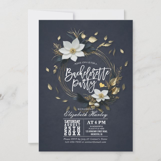 Black White Gold Floral Wreath Bachelorette Party Invitation (Front)