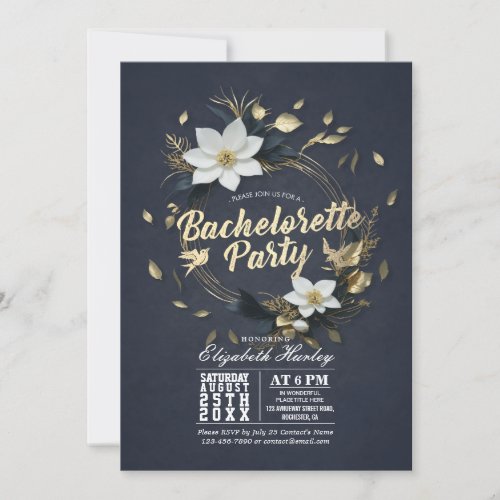 Black White Gold Floral Wreath Bachelorette Party Invitation