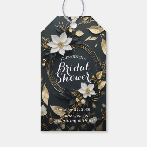 Black White Gold Floral Wreath Bridal Shower Favor Gift Tags