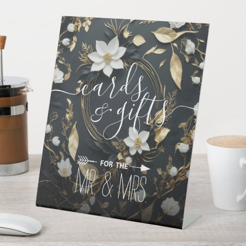 Black White Gold Floral Wreath Cards Gifts Wedding Pedestal Sign