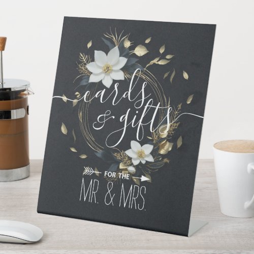 Black White Gold Floral Wreath Cards Gifts Wedding Pedestal Sign