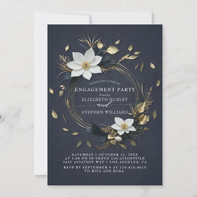 Black White Gold Floral Wreath Engagement Party Invitation (Front)
