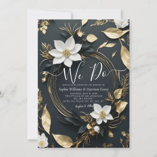 Black White Gold Floral Wreath We Do Wedding Photo Invitation