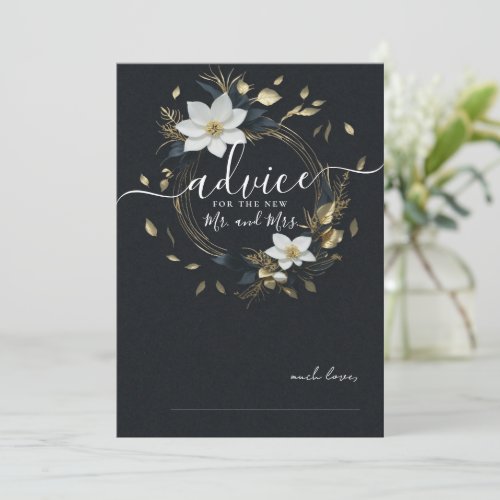 Black White Gold Floral Wreath Wedding Advice Card