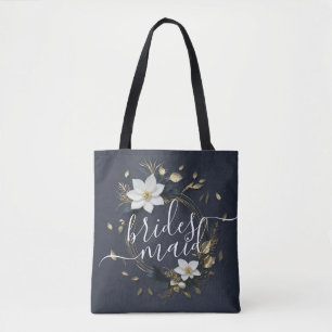 Black White Gold Floral Wreath Wedding Bridesmaids Tote Bag