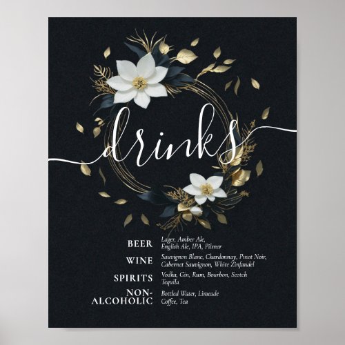 Black White Gold Floral Wreath Wedding Drinks Menu Poster