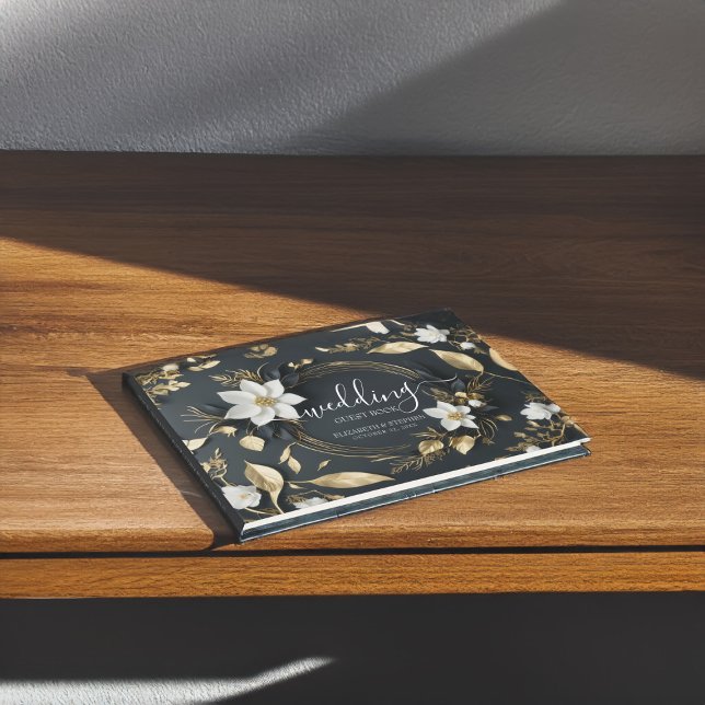 Black White Gold Floral Wreath Wedding Guest Book (Creator Uploaded)