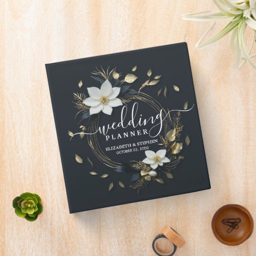 Black White Gold Floral Wreath Wedding Planner 3 Ring Binder