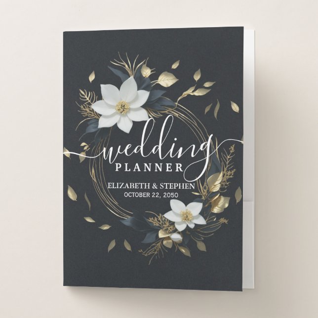 Black White Gold Floral Wreath Wedding Planner Pocket Folder (Front)