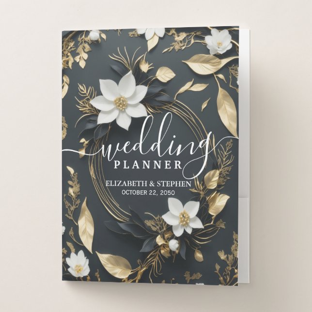 Black White Gold Floral Wreath Wedding Planner Pocket Folder (Front)