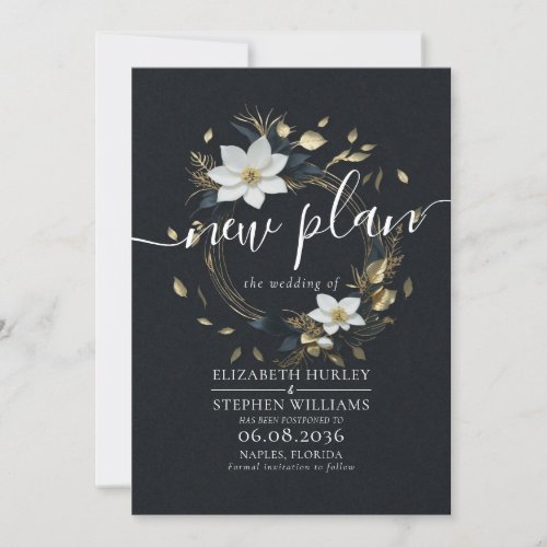 Black White Gold Floral Wreath Wedding Postponed Save The Date