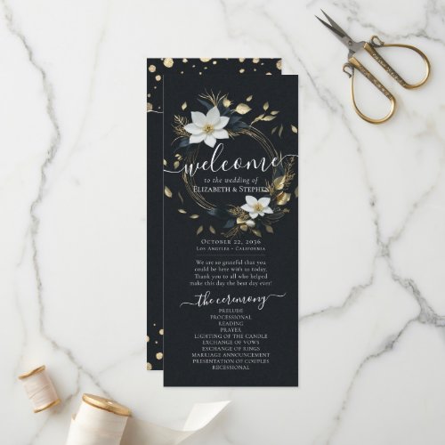 Black White Gold Floral Wreath Wedding Program