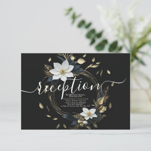 Black White Gold Floral Wreath Wedding Reception Enclosure Card