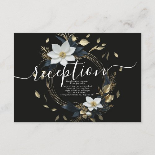 Black White Gold Floral Wreath Wedding Reception Enclosure Card