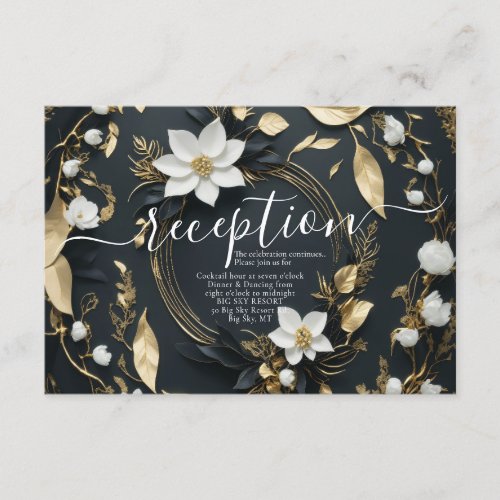 Black White Gold Floral Wreath Wedding Reception Enclosure Card