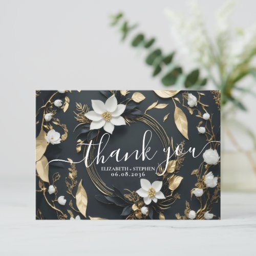 Black White Gold Floral Wreath Wedding Thank You