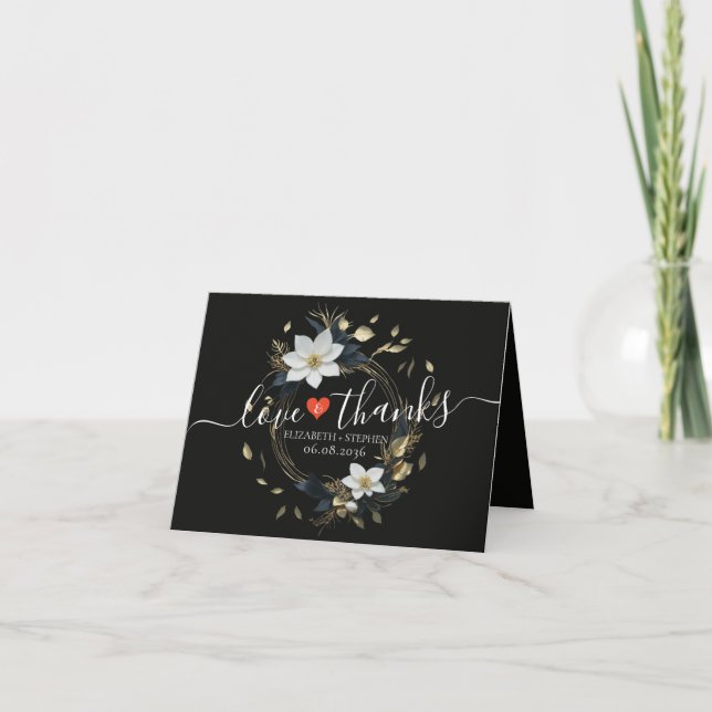 Black White Gold Floral Wreath Wedding Thank You (Front)