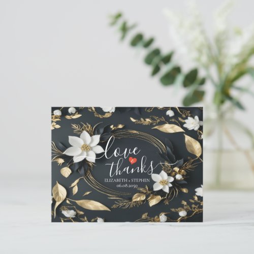 Black White  Gold Floral Wreath Wedding Thank You Postcard