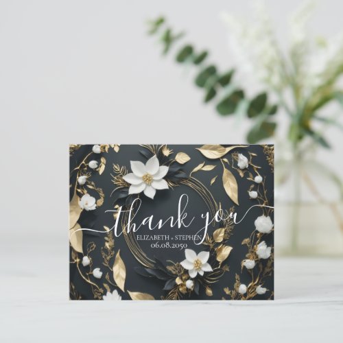 Black White  Gold Floral Wreath Wedding Thank You Postcard