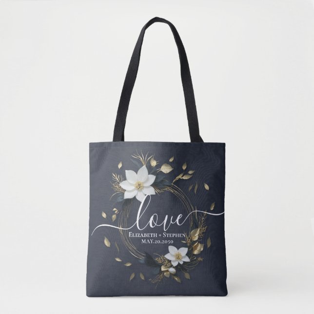 Black White Gold Floral Wreath Wedding Thank You Tote Bag (Front)