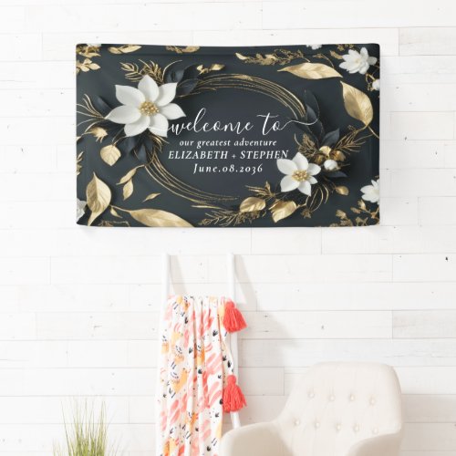 Black White Gold Floral Wreath Wedding Welcome Banner