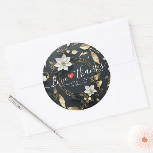 Black White Gold Floral Wreath Wedding Welcome Classic Round Sticker