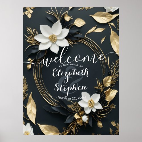 Black White Gold Floral Wreath Wedding Welcome Poster