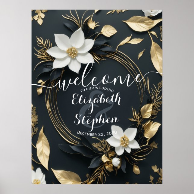 Black White Gold Floral Wreath Wedding Welcome Poster (Front)