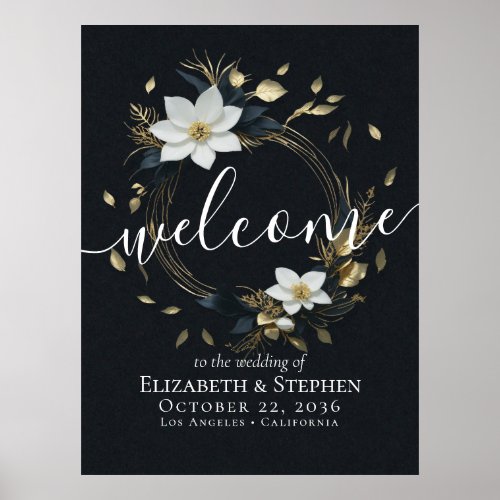 Black White Gold Floral Wreath Wedding Welcome Poster