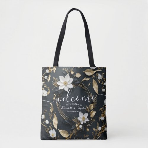 Black White Gold Floral Wreath Wedding Welcome Tote Bag