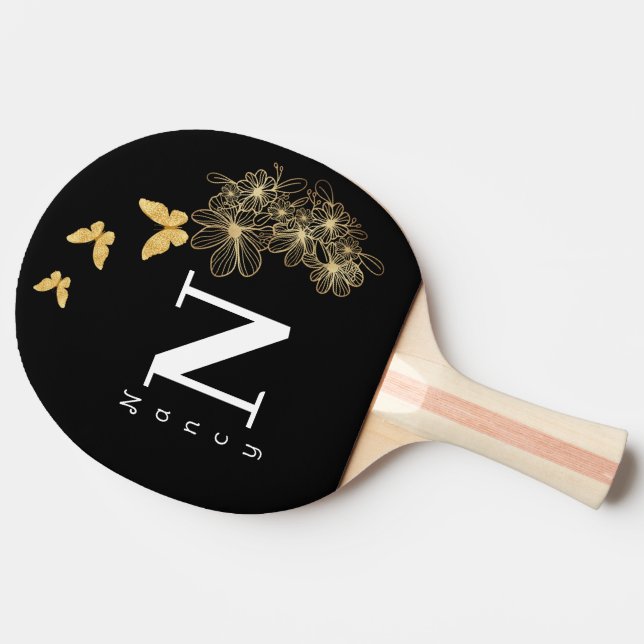Black white gold flower butterfly minimalist ping pong paddle (Side)