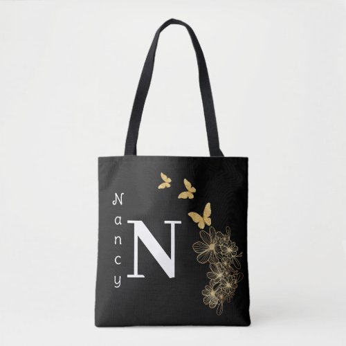 Black white gold flower butterfly minimalist tote bag